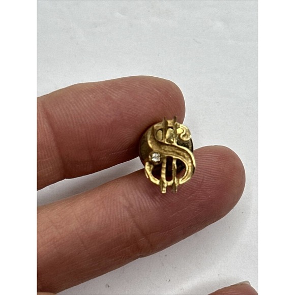 14k Gold Dollar Sign Diamond Chip Tie Tack Pin Back Brooch $
